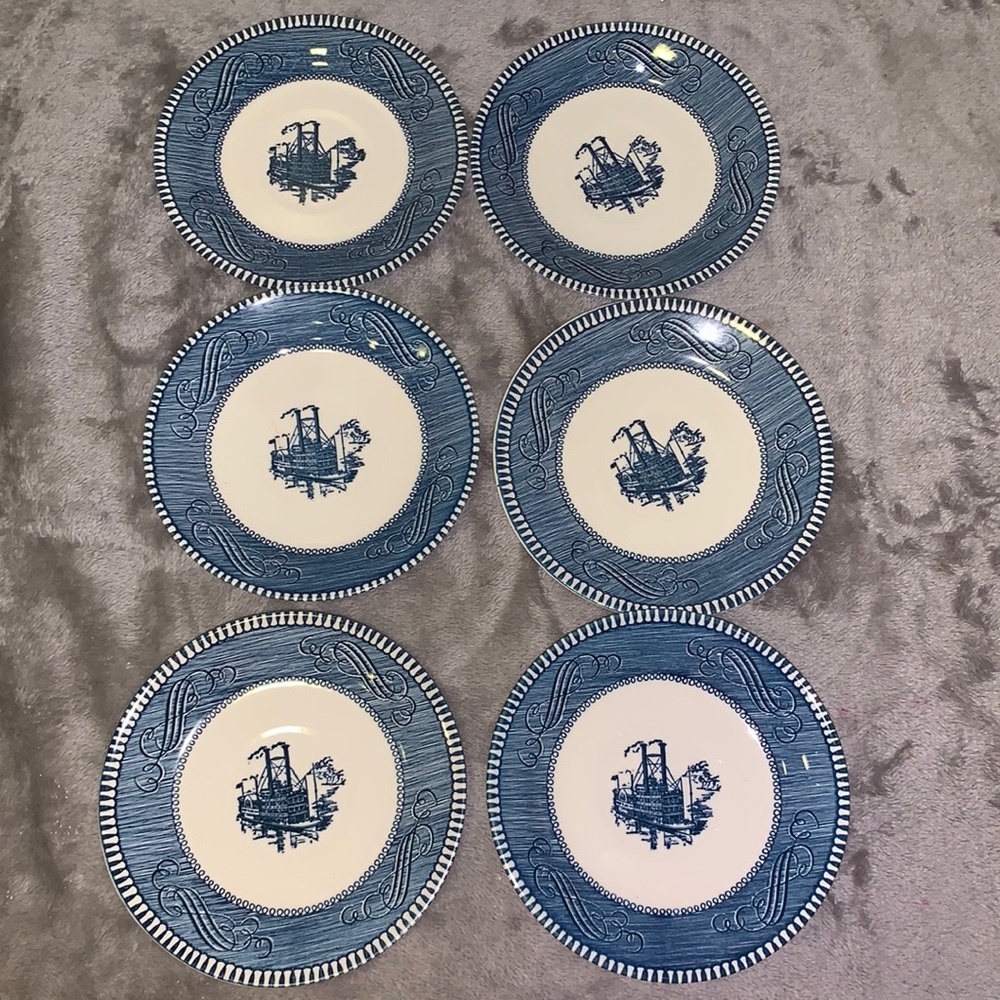 * 0622 Set of 6 Currier & Ives Blue Saucers for Flat Cups - Picture 1 of 2